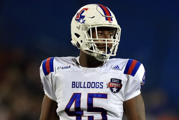 FRISCO, TX - DECEMBER 20:  Jaylon Ferguson #45 of the Louisiana Tech Bulldogs during the 2017 DXL Frisco Bowl on December 20, 2017 in Frisco, Texas.  (Photo by Ronald Martinez/Getty Images)