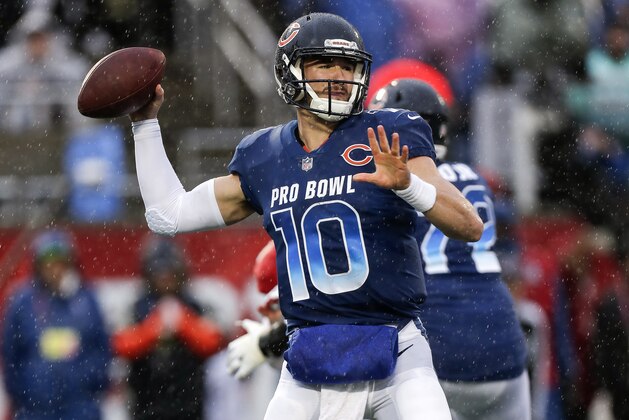 ORLANDO, FL - JANUARY 27: Quarterback Mitchell Trubisky #10 of the Chicago Bears from the NFC Team on a pass play during the NFL Pro Bowl Game at Camping World Stadium on January 27, 2019 in Orlando, Florida. The AFC defeated the NFC 26 to 7. (Photo by Don Juan Moore/Getty Images)