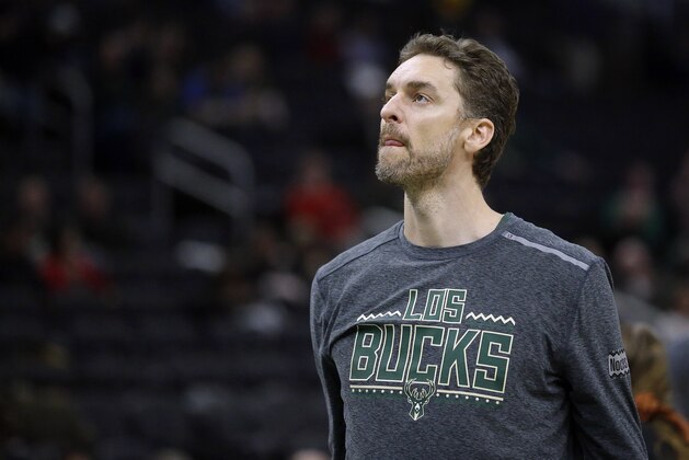 Milwaukee Bucks' Pau Gasol warms up before the second half of an NBA basketball game against the Indiana Pacers Thursday, March 7, 2019, in Milwaukee. (AP Photo/Aaron Gash)