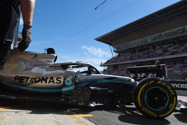 Mercedes' British driver Lewis Hamilton leaves the pit during the first practice session at the Circuit de Catalunya on May 10, 2019 in Montmelo on the outskirts of Barcelona ahead of the Spanish Formula One Grand Prix. (Photo by Pierre-Philippe MARCOU / AFP)        (Photo credit should read PIERRE-PHILIPPE MARCOU/AFP/Getty Images)