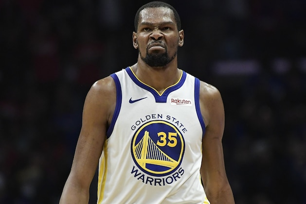 Golden State Warriors forward Kevin Durant scowls after scoring during the second half in Game 6 of a first-round NBA basketball playoff series against the Los Angeles Clippers Friday, April 26, 2019, in Los Angeles. The Warriors won 129-110. (AP Photo/Mark J. Terrill)
