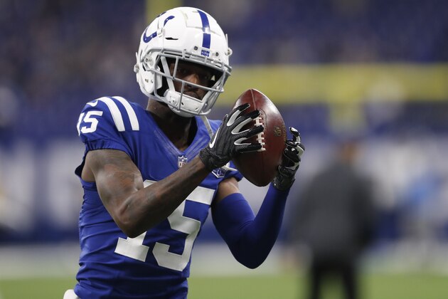 Indianapolis Colts wide receiver Dontrelle Inman makes a catch before an NFL football game between the Indianapolis Colts and the Tennessee Titans, Sunday, Nov. 18, 2018, in Indianapolis. (AP Photo/Jeff Roberson)