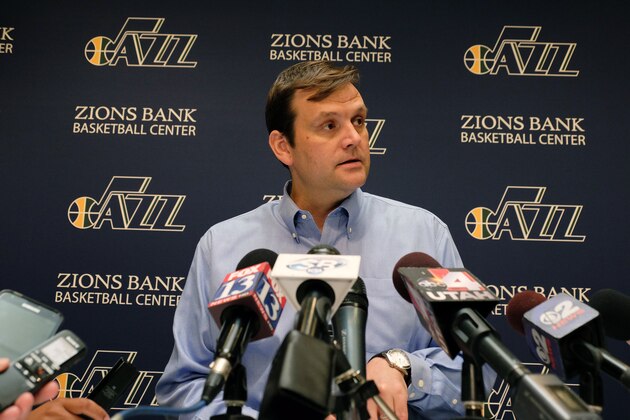 SALT LAKE CITY, UT - JULY 08:  Dennis Lindsey General Manager of the Utah Jazz speaks to the press about signing George Hill and Joe Johnson to the Utah Jazz at Zions Bank Basketball Center  on July 08, 2016 in Salt Lake City, Utah. NOTE TO USER: User expressly acknowledges and agrees that, by downloading and or using this Photograph, User is consenting to the terms and conditions of the Getty Images License Agreement. Mandatory Copyright Notice: Copyright 2016 NBAE (Photo by Melissa Majchrzak/NBAE via Getty Images)