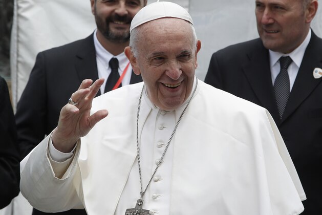 Pope Francis salutes after celebrating Mass in Macedonia Square, in Skopje, North Macedonia, Tuesday, May 7, 2019. Francis, who is on a three-day trip to the Balkans, is visiting North Macedonia for the first-ever papal visit to the country. (AP Photo/Thanassis Stavrakis)