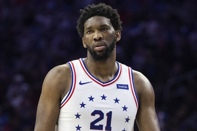 Philadelphia 76ers' Joel Embiid in action during the second half of Game 4 of a second-round NBA basketball playoff series against the Toronto Raptors, Sunday, May 5, 2019, in Philadelphia. Raptors won 101-96. (AP Photo/Chris Szagola)