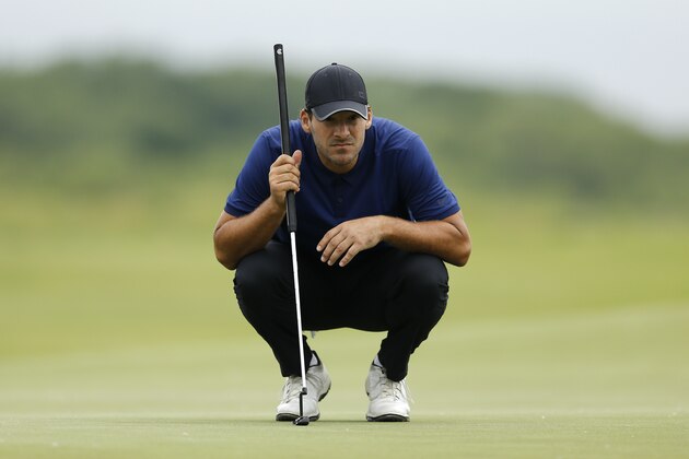 DALLAS, TEXAS - MAY 09: Former NFL Player and amateur Tony Romo of the United States looks over a putt on the 11th green during the first round of the AT&T Byron Nelson at Trinity Forest Golf Club on May 09, 2019 in Dallas, Texas. (Photo by Michael Reaves/Getty Images)