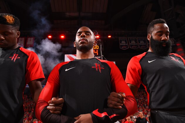 HOUSTON, TX - MAY 10: The Houston Rockets stand for the National Anthem prior to a game against the Golden State Warriors before Game Six of the Western Conference Semifinals of the 2019 NBA Playoffs on May 10, 2019 at the Toyota Center in Houston, Texas. NOTE TO USER: User expressly acknowledges and agrees that, by downloading and/or using this photograph, user is consenting to the terms and conditions of the Getty Images License Agreement. Mandatory Copyright Notice: Copyright 2019 NBAE (Photo by Bill Baptist/NBAE via Getty Images)