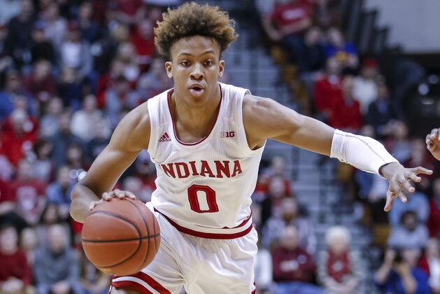 BLOOMINGTON, IN - FEBRUARY 26: Romeo Langford #0 of the Indiana Hoosiers brings the ball up court during the game against the Wisconsin Badgers at Assembly Hall on February 26, 2019 in Bloomington, Indiana. (Photo by Michael Hickey/Getty Images)