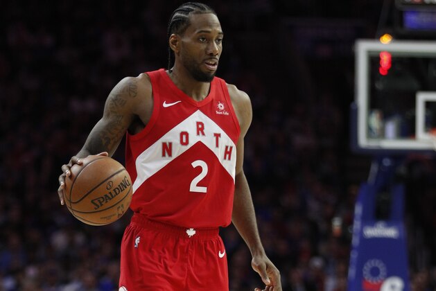 Toronto Raptors' Kawhi Leonard in action during the second half of Game 6 of a second-round NBA basketball playoff series against the Philadelphia 76ers, Thursday, May 9, 2019, in Philadelphia. 76ers won 112-101. (AP Photo/Chris Szagola)