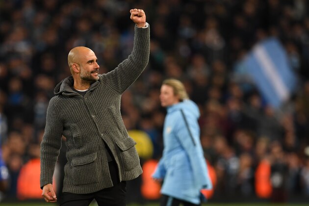 Manchester City's Spanish manager Pep Guardiola salutes the crowd after the final whistle of the English Premier League football match between Manchester City and Leicester City at the Etihad Stadium in Manchester, north west England, on May 6, 2019. (Photo by Paul ELLIS / AFP) / RESTRICTED TO EDITORIAL USE. No use with unauthorized audio, video, data, fixture lists, club/league logos or 'live' services. Online in-match use limited to 120 images. An additional 40 images may be used in extra time. No video emulation. Social media in-match use limited to 120 images. An additional 40 images may be used in extra time. No use in betting publications, games or single club/league/player publications. /         (Photo credit should read PAUL ELLIS/AFP/Getty Images)