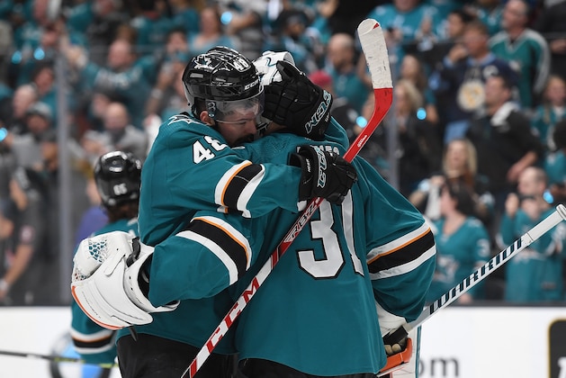 SAN JOSE, CA - MAY 08:  Tomas Hertl #48 and Martin Jones #31 of the San Jose Sharks celebrates after they defeated the Colorado Avalanche 3-2 in Game Seven of the Western Conference Second Round during the 2019 NHL Stanley Cup Playoffs at SAP Center on May 8, 2019 in San Jose, California.  (Photo by Thearon W. Henderson/Getty Images)