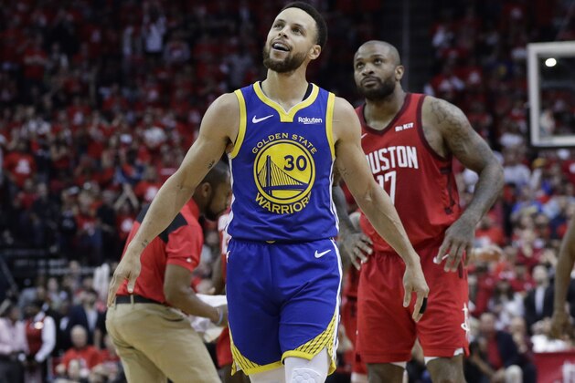 Golden State Warriors guard Stephen Curry (30) walks upcourt after a play during the second half in Game 6 of the team's second-round NBA basketball playoff series against the Houston Rockets, Friday, May 10, 2019, in Houston. Golden State won 118-113, winning the series. (AP Photo/Eric Gay)
