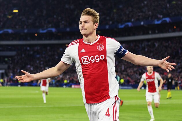 Ajax's Dutch defender Matthijs de Ligt celebrates after scoring a goal during the UEFA Champions League semi-final second leg football match between Ajax Amsterdam and Tottenham Hotspur at the Johan Cruyff Arena, in Amsterdam, on May 8, 2019. (Photo by Olaf Kraak / ANP / AFP) / Netherlands OUT        (Photo credit should read OLAF KRAAK/AFP/Getty Images)