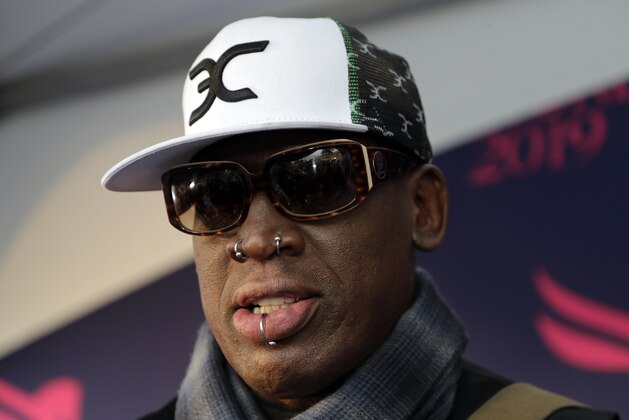 Dennis Rodman is interviewed on the blue carpet the Pegasus World Cup Invitational Horse Race, Saturday, Jan. 26, 2019, at Gulfstream Park in Hallandale Beach, Fla. (AP Photo/Lynne Sladky)