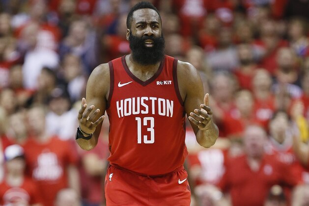 HOUSTON, TEXAS - MAY 10: James Harden #13 of the Houston Rockets reacts after being called for a foul against the Golden State Warriors  during Game Six of the Western Conference Semifinals of the 2019 NBA Playoffs at Toyota Center on May 10, 2019 in Houston, Texas. NOTE TO USER: User expressly acknowledges and agrees that, by downloading and or using this photograph, User is consenting to the terms and conditions of the Getty Images License Agreement. (Photo by Bob Levey/Getty Images)