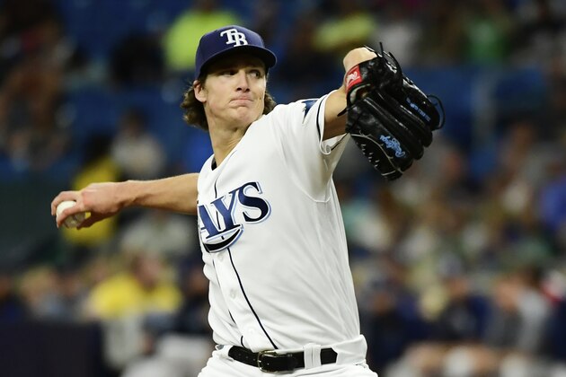 ST. PETERSBURG, FLORIDA - MAY 10: Tyler Glasnow #20 of the Tampa Bay Rays delivers a pitch in the first inning against the New York Yankees at Tropicana Field on May 10, 2019 in St. Petersburg, Florida. (Photo by Julio Aguilar/Getty Images)