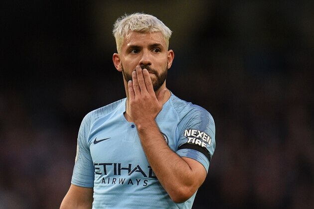 Manchester City's Argentinian striker Sergio Aguero reacts during the English Premier League football match between Manchester City and Leicester City at the Etihad Stadium in Manchester, north west England, on May 6, 2019. (Photo by Oli SCARFF / AFP) / RESTRICTED TO EDITORIAL USE. No use with unauthorized audio, video, data, fixture lists, club/league logos or 'live' services. Online in-match use limited to 120 images. An additional 40 images may be used in extra time. No video emulation. Social media in-match use limited to 120 images. An additional 40 images may be used in extra time. No use in betting publications, games or single club/league/player publications. /         (Photo credit should read OLI SCARFF/AFP/Getty Images)