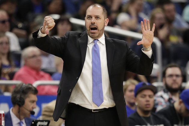 Orlando Magic head coach Frank Vogel directs his players during the second half of an NBA basketball game against the Washington Wizards, Wednesday, April 11, 2018, in Orlando, Fla. (AP Photo/John Raoux)