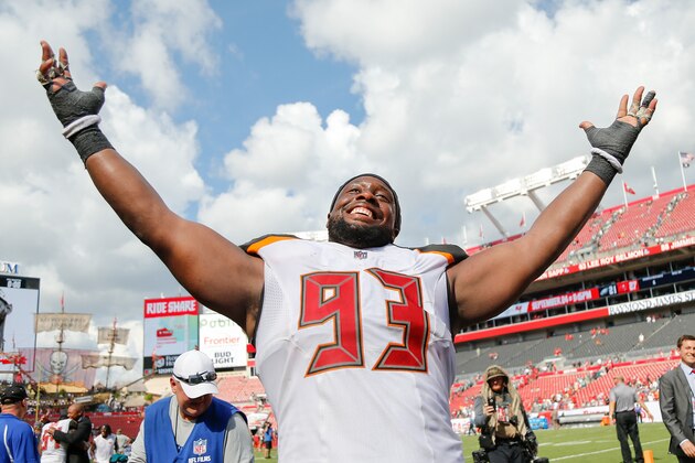 TAMPA, FL - SEPTEMBER 16:  Gerald McCoy #93 of the Tampa Bay Buccaneers reacts after they defeated the Philadelphia Eagles 27-21 at Raymond James Stadium on September 16, 2018 in Tampa, Florida.  (Photo by Michael Reaves/Getty Images)