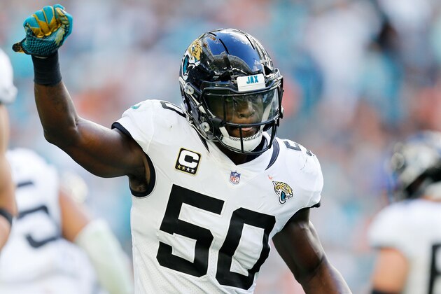 MIAMI, FLORIDA - DECEMBER 23:  Telvin Smith #50 of the Jacksonville Jaguars celebrates after intercepting a pass for a touchdown in the fourth quarter against the Miami Dolphins at Hard Rock Stadium on December 23, 2018 in Miami, Florida. (Photo by Michael Reaves/Getty Images)