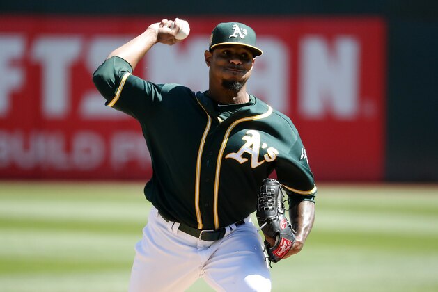 Oakland Athletics starting pitcher Edwin Jackson (37) throws against the Los Angeles Angels during the first inning of a baseball game in Oakland, Calif., Thursday, Sept. 20, 2018. (AP Photo/Tony Avelar)