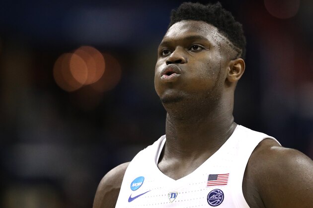 WASHINGTON, DC - MARCH 31: Zion Williamson #1 of the Duke Blue Devils looks on against the Michigan State Spartans in the East Regional game of the 2019 NCAA Men's Basketball Tournament at Capital One Arena on March 31, 2019 in Washington, DC. (Photo by Patrick Smith/Getty Images)