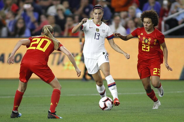 LOS ANGELES, CALIFORNIA - APRIL 07: Forward Alex Morgan of the United States Women's National Team handles the ball during the game against Belgium at Banc of California Stadium on April 07, 2019 in Los Angeles, California. This was the seventh