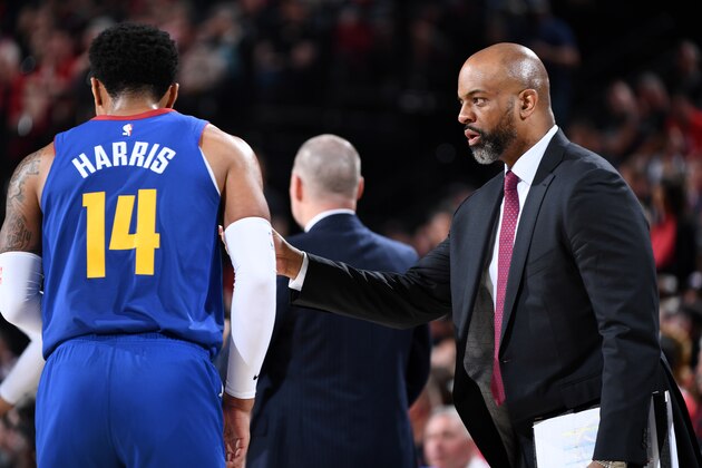 PORTLAND, OR - MAY 9: Assistant Coach Wes Unseld Jr. of the Denver Nuggets looks on against the Portland Trail Blazers during Game Six of the Western Conference Semifinals of the 2019 NBA Playoffs on May 9, 2019 at the Moda Center in Portland, Oregon. NOTE TO USER: User expressly acknowledges and agrees that, by downloading and/or using this photograph, user is consenting to the terms and conditions of the Getty Images License Agreement. Mandatory Copyright Notice: Copyright 2019 NBAE (Photo by Garrett Ellwood/NBAE via Getty Images)