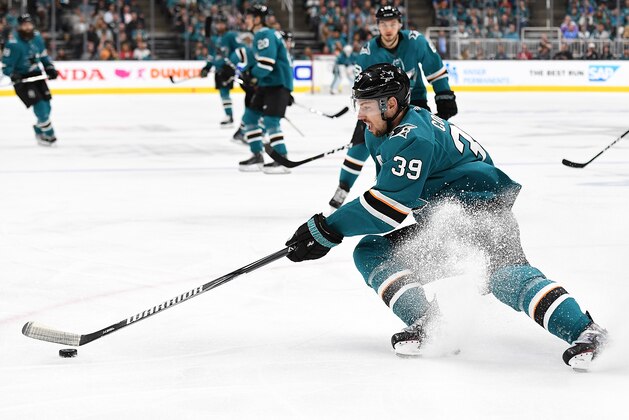 SAN JOSE, CA - MAY 08:  Logan Couture #39 of the San Jose Sharks skates with control of the puck against the Colorado Avalanche during the second period in Game Seven of the Western Conference Second Round during the 2019 NHL Stanley Cup Playoffs at SAP Center on May 8, 2019 in San Jose, California.  (Photo by Thearon W. Henderson/Getty Images)