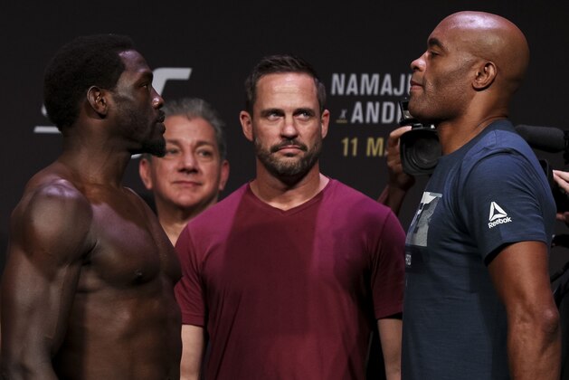 RIO DE JANEIRO, BRAZIL - MAY 10: Opponents Jared Cannonier  of the United States and Anderson Silva of Brazil  face off during the UFC 237 weigh-in at Jeunesse Arena on May 10, 2019 in Rio de Janeiro, Brazil. (Photo by Buda Mendes/Zuffa LLC/Zuffa LLC via Getty Images)