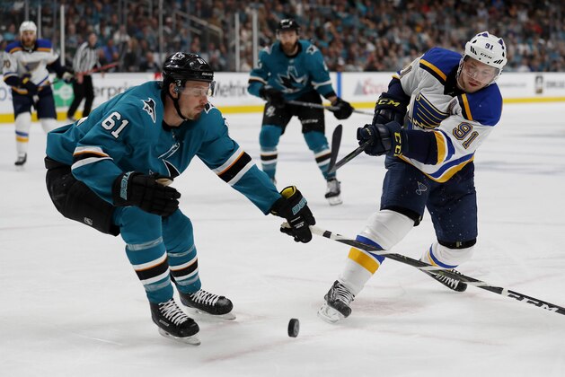 San Jose Sharks' Justin Braun (61) battles for the puck against St. Louis Blues' Vladimir Tarasenko (91) in the second period in Game 1 of the NHL hockey Stanley Cup Western Conference finals in San Jose, Calif., on Saturday, May 11, 2019. (AP Photo/Josie Lepe)