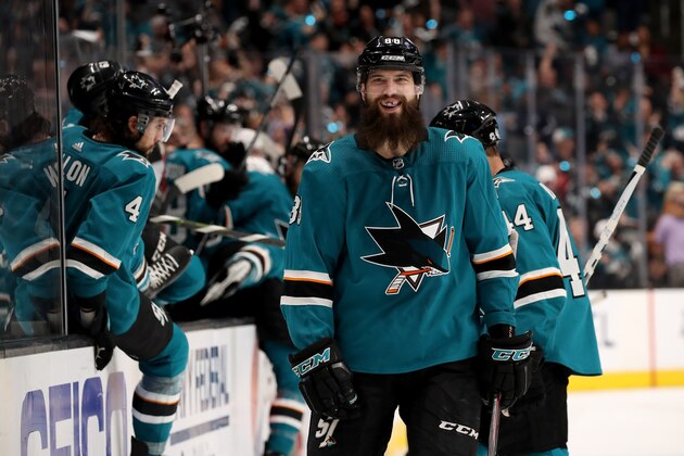 SAN JOSE, CALIFORNIA - MAY 11: Brent Burns #88 of the San Jose Sharks smiles against the St. Louis Blues during the third period in Game One of the Western Conference Finals during the 2019 NHL Stanley Cup Playoffs at SAP Center on May 11, 2019 in San Jose, California. (Photo by Christian Petersen/Getty Images)