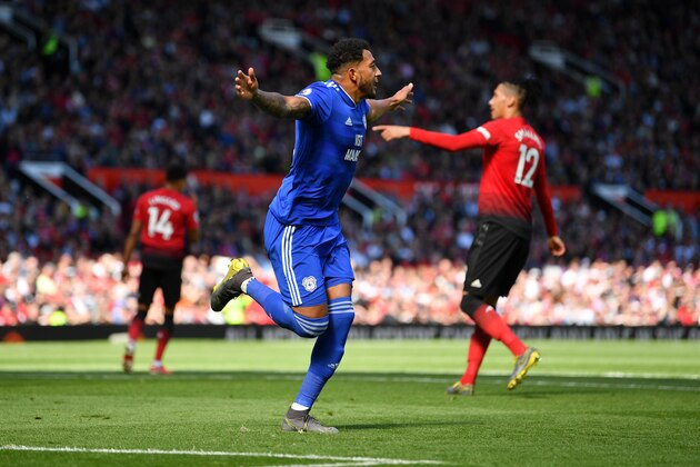 MANCHESTER, ENGLAND - MAY 12: Nathaniel Mendez-Laing of Cardiff City celebrates after scoring his team's first goal during the Premier League match between Manchester United and Cardiff City at Old Trafford on May 12, 2019 in Manchester, United Kingdom. (Photo by Dan Mullan/Getty Images)
