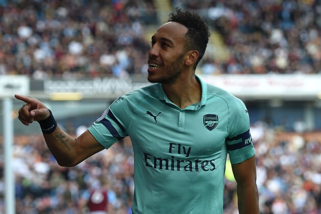 BURNLEY, ENGLAND - MAY 12: Pierre-Emerick Aubameyang of Arsenal celebrates after scoring his team's first goal during the Premier League match between Burnley FC and Arsenal FC at Turf Moor on May 12, 2019 in Burnley, United Kingdom. (Photo by Harriet Lander/Copa/Getty Images)