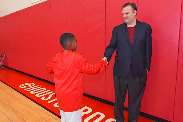 HOUSTON, TX - DECEMBER 18: 10-year-old Make A Wish child, Chance CJ Smith, meets General Manager Daryl Morey of the Houston Rockets on December 18, 2018 at the Toyota Center in Houston, Texas. CJ was diagnosed with Burkitts Lymphoma approximately a year ago. NOTE TO USER: User expressly acknowledges and agrees that, by downloading and/or using this photograph, user is consenting to the terms and conditions of the Getty Images License Agreement. Mandatory Copyright Notice: Copyright 2018 NBAE (Photo by Bill Baptist/NBAE via Getty Images)