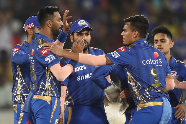 HYDERABAD, INDIA - MAY 12: Krunal Pandya of the Mumbai Indians celebrates taking the wicket of Faf Du Plessis of the Chennai Super Kings during the Indian Premier League Final match between the the Mumbai Indians and Chennai Super Kings at Rajiv Gandhi International Cricket Stadium on May 12, 2019 in Hyderabad, India. (Photo by Robert Cianflone/Getty Images)