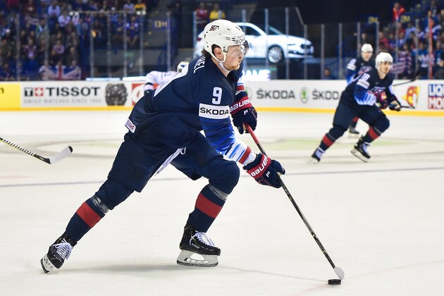 KOSICE, SLOVAKIA - MAY 12: Jack Eichel #9 of USA in action during the 2019 IIHF Ice Hockey World Championship Slovakia group A game between United States and France at Steel Arena on May 12, 2019 in Kosice, Slovakia. (Photo by Lukasz Laskowski/PressFocus/MB Media/Getty Images)