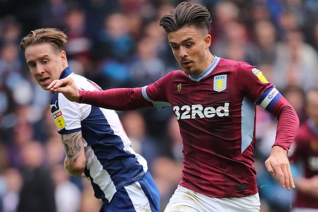 BIRMINGHAM, ENGLAND - MAY 11: Stefan Johansen of West Bromwich Albion and Jack Grealish of Aston Villa during the Sky Bet Championship Play-off Semi Final: First Leg match between Aston Villa and West Bromwich Albion at Villa Park on May 11, 2019 in Birmingham, England. (Photo by Matthew Ashton - AMA/Getty Images)