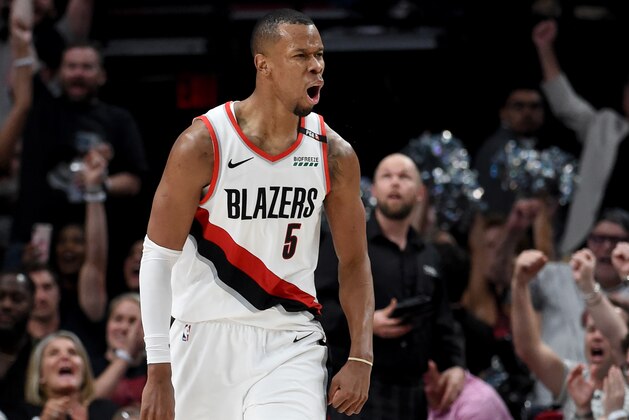 PORTLAND, OREGON - MAY 09: Rodney Hood #5 of the Portland Trail Blazers reacts after hitting a shot in the second half of Game Six of the Western Conference Semifinals against the Denver Nuggets at Moda Center on May 09, 2019 in Portland, Oregon. The Blazers won 119-108. NOTE TO USER: User expressly acknowledges and agrees that, by downloading and or using this photograph, User is consenting to the terms and conditions of the Getty Images License Agreement. (Photo by Steve Dykes/Getty Images)   (Photo by Steve Dykes/Getty Images)