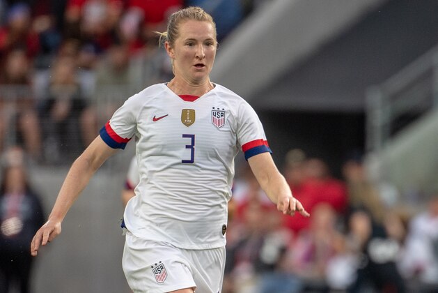 LOS ANGELES, CA - APRIL 7:   Samantha Mewis #3 of United States during the United States international friendly match against Belgium at Banc of California Stadium on April 7, 2019 in Los Angeles, California.  The United States won the match 6-0  (Photo by Shaun Clark/Getty Images)
