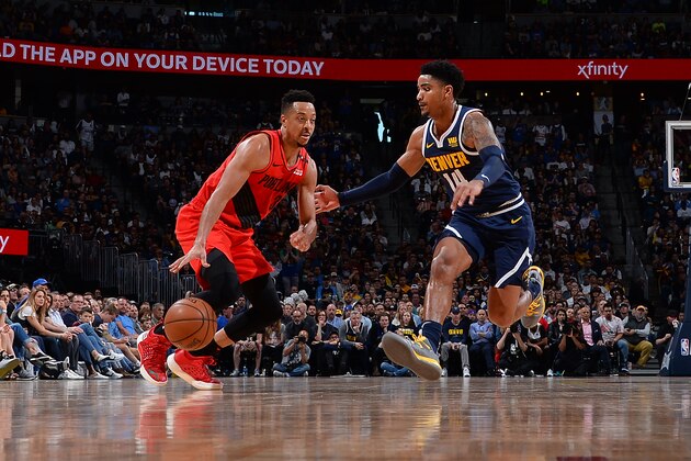 DENVER, CO - MAY 12: CJ McCollum #3 of the Portland Trail Blazers drives to the basket against the Denver Nuggets during Game Seven of the Western Conference Semifinals of the 2019 NBA Playoffs on May 12, 2019 at the Pepsi Center in Denver, Colorado. NOTE TO USER: User expressly acknowledges and agrees that, by downloading and/or using this Photograph, user is consenting to the terms and conditions of the Getty Images License Agreement. Mandatory Copyright Notice: Copyright 2019 NBAE (Photo by Bart Young/NBAE via Getty Images)