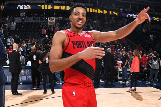 DENVER, CO - MAY 12:  CJ McCollum #3 of the Portland Trail Blazers exits the court after winning Game Seven of the Western Conference Semi-Finals of the 2019 NBA Playoffs against the Denver Nuggets on May 12, 2019 at the Pepsi Center in Denver, Colorado. NOTE TO USER: User expressly acknowledges and agrees that, by downloading and/or using this Photograph, user is consenting to the terms and conditions of the Getty Images License Agreement. Mandatory Copyright Notice: Copyright 2019 NBAE (Photo by Garrett Ellwood/NBAE via Getty Images)