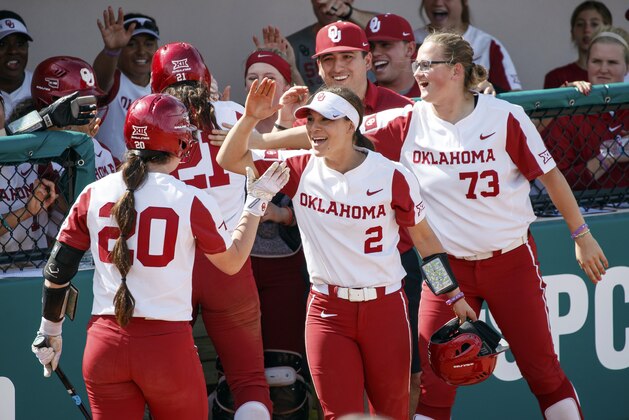 FILE - In this Feb. 15, 2019, file photo, Oklahoma's Caleigh Clifton (20), Sydney Romero (2) and Parker Conrad (73) celebrate during an NCAA college softball game against Florida State in Clearwater, Fla. Oklahoma has matched the Division I record for consecutive wins in a season with 38 and can break the record Friday in the Big 12 Tournament against Texas Tech. The Sooners have done it with talent, balance and a business-like approach. (AP Images/Casey Brooke Lawson via AP, File)