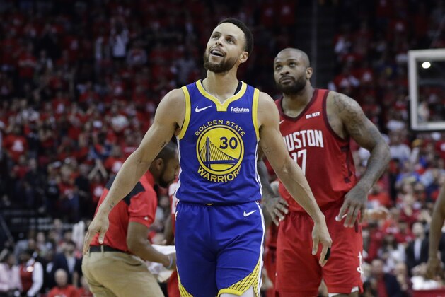 Golden State Warriors guard Stephen Curry (30) walks upcourt after a play during the second half in Game 6 of the team's second-round NBA basketball playoff series against the Houston Rockets, Friday, May 10, 2019, in Houston. Golden State won 118-113, winning the series. (AP Photo/Eric Gay)