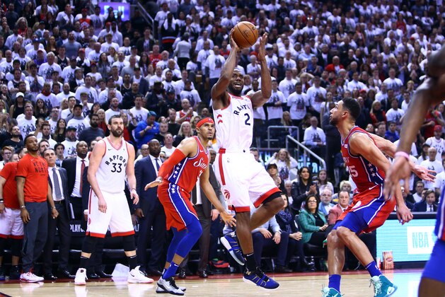 TORONTO, ON - MAY 12:  Kawhi Leonard #2 of the Toronto Raptors shoots the ball during Game Seven of the second round of the 2019 NBA Playoffs against the Philadelphia 76ers at Scotiabank Arena on May 12, 2019 in Toronto, Canada.  NOTE TO USER: User expressly acknowledges and agrees that, by downloading and or using this photograph, User is consenting to the terms and conditions of the Getty Images License Agreement.  (Photo by Vaughn Ridley/Getty Images)
