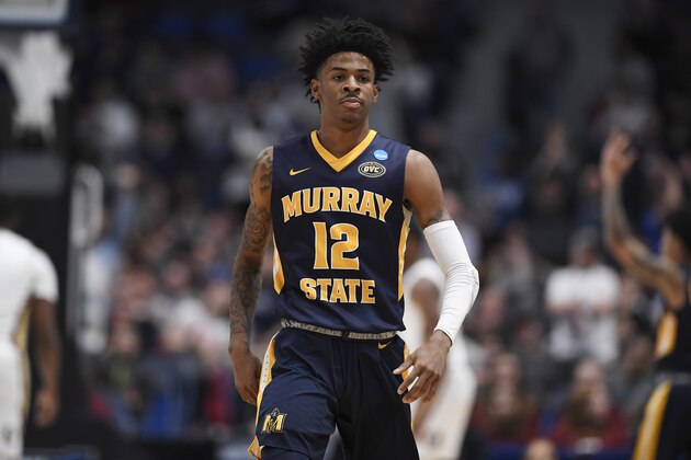 Murray State's Ja Morant (12) during the first half of a second round men's college basketball game in the NCAA tournament, Saturday, March 23, 2019, in Hartford, Conn. (AP Photo/Jessica Hill)