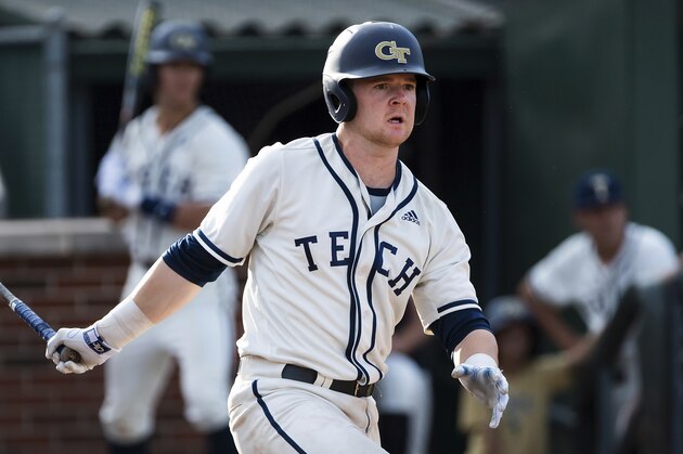 Georgia Tech's Kyle McCann bats against Western Carolina during an NCAA college baseball game, Friday, May 3, 2019, in Atlanta. (AP Photo/John Amis)