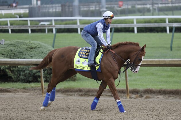 Improbable is seen during morning training at Churchill Downs Thursday, May 2, 2019, in Louisville, Ky. The 145th running of the Kentucky Derby is scheduled for Saturday, May 4. (AP Photo/Gregory Payan) Improbable is seen during morning training at Churchill Downs Thursday, May 2, 2019, in Louisville, Ky. The 145th running of the Kentucky Derby is scheduled for Saturday, May 4. (AP Photo/Gregory Payan)