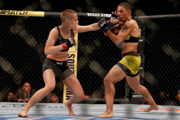 RIO DE JANEIRO, BRAZIL - MAY 11: (L-R) Rose Namajunas of USA punches Jessica Andrade of Brazil in their women's strawweight championship bout during the UFC 237 event at Jeunesse Arena on May 11, 2019 in Rio de Janeiro, Brazil. (Photo by Alexandre Schneider/Getty Images)