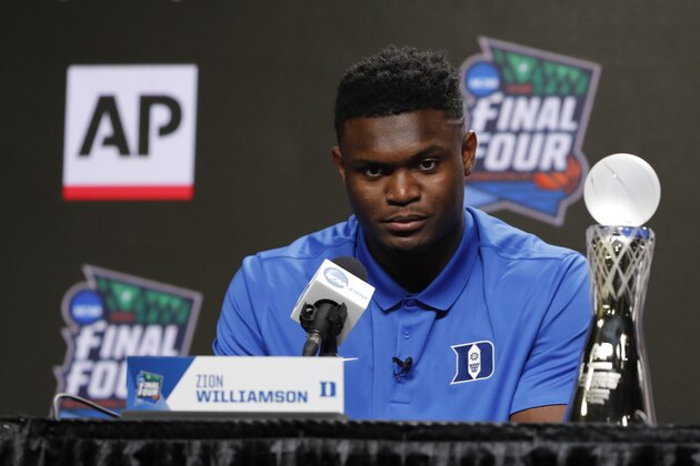 Duke freshman Zion Williamson answers questions at a news conference where he was awarded the Associated Press men's college basketball player of the year award at the Final Four NCAA college basketball tournament, Friday, April 5, 2019, in Minneapolis. (AP Photo/Charlie Neibergall)